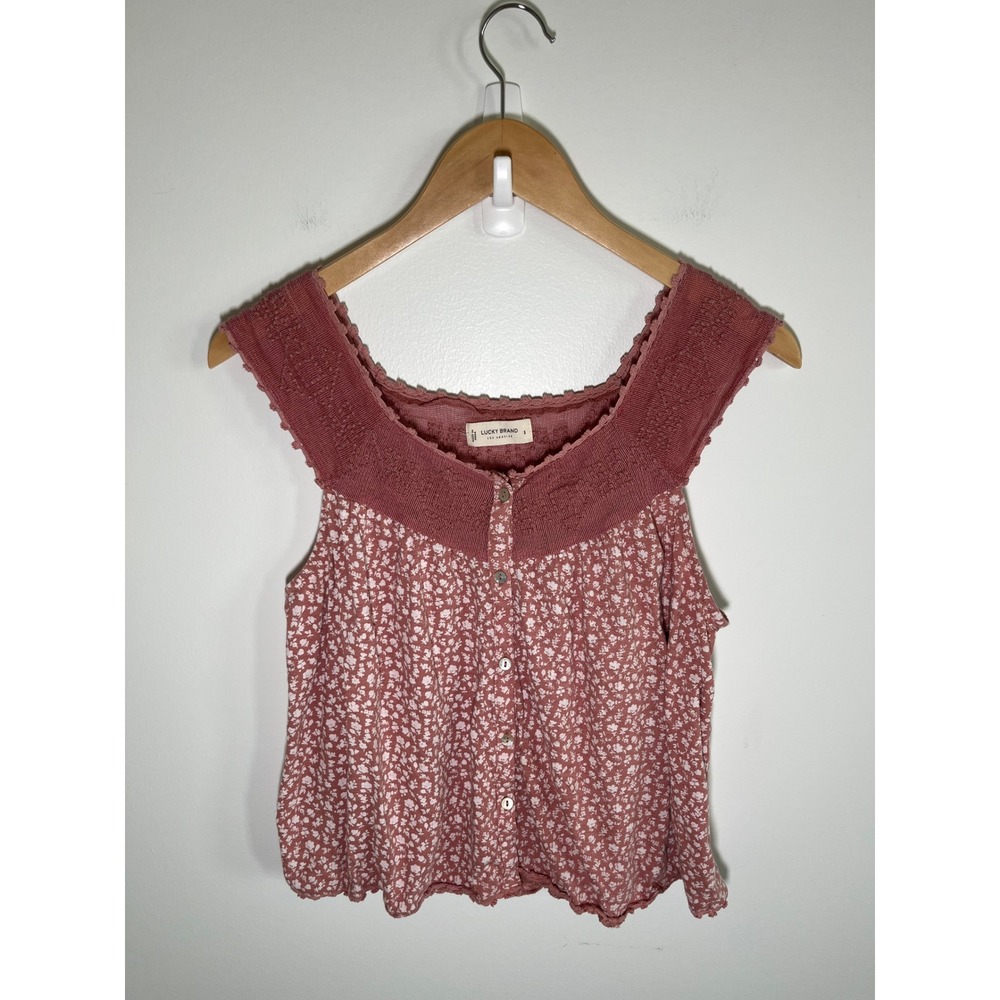Lucky Brand Boho Cottage Fairy Floral Tank Top Womens Small Pink Crochet